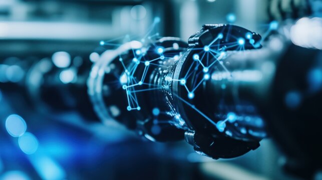 A futuristic digital representation of a water pipeline incorporating advanced technologies like AI, ML, and IoT for smart leak detection and sustainable management.