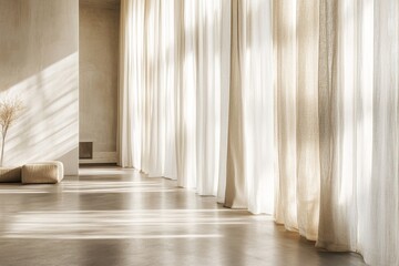 Soft natural light gently filters through floor-to-ceiling linen curtains in a serene, minimalist living room, highlighting the tranquil atmosphere and elegant design