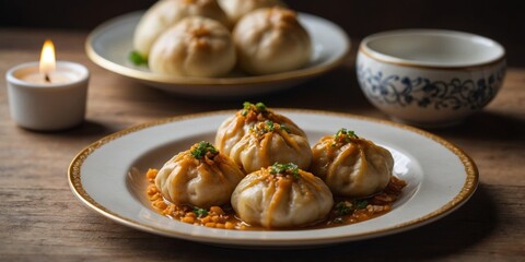 Golden-browned khinkali served on a ceramic plate.
