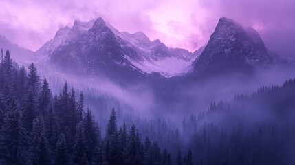 Fototapeta premium Mountain foggy landscape. mountains shrouded in purple fog