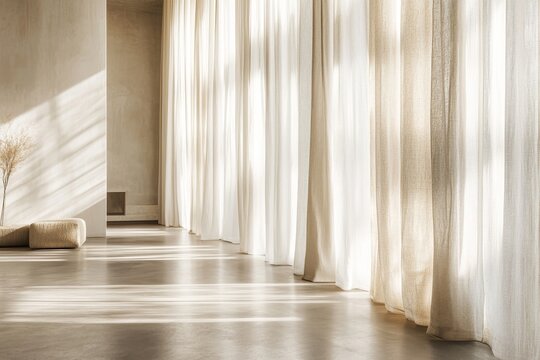 Fototapeta Soft natural light gently filters through floor-to-ceiling linen curtains in a serene, minimalist living room, highlighting the tranquil atmosphere and elegant design