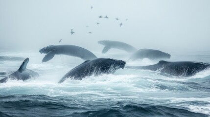 Fototapeta premium Humpback Whales Breaching in a Misty Ocean