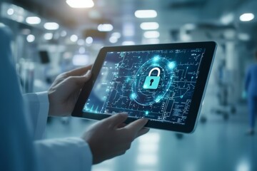 A medical professional holds a tablet showing a secure interface with a padlock, emphasizing data...