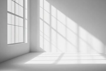 Obraz premium Natural light streams through windows, casting soft shadows in a minimalist white room, creating a peaceful atmosphere ideal for reflection or creativity