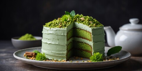 A sumptuous matcha green tea layer cake, beautifully presented on a plate, combining culinary artistry with a lifestyle theme Ideal for use in food blogs.