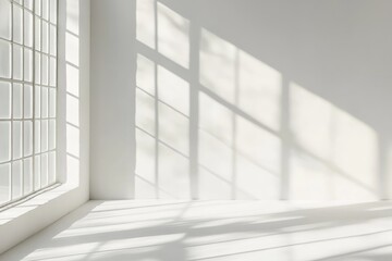 Subtle shadows stretch across the smooth white wall and floor, created by morning light filtering through the window’s grid design