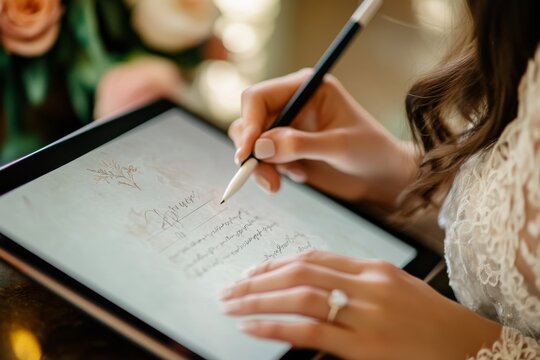 A woman examines an elaborate wedding invitation design on her tablet, focusing intently on the details while surrounded by elegant floral decor
