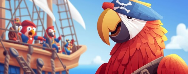 A pixel art pirate parrot with a bandana, squawking orders to the cartoon crew on the ship