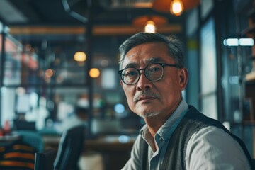 Fototapeta premium Portrait of a middle aged Asian man in startup company office