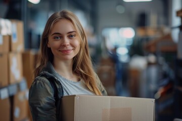 Fototapeta premium Happy young Caucasian female Handling shipping and logistics in startup company office