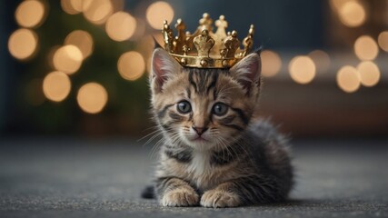 a kitten using a tiny crown, pretending to be royalty.
