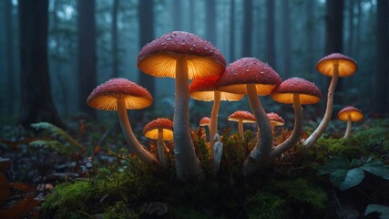 Fototapeta premium In a digital art portrayal of an enchanted forest scene, brightly glowing mushrooms are surrounded by a mystical fog.