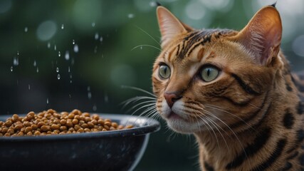Bengal cat looks at food using wet cat food.