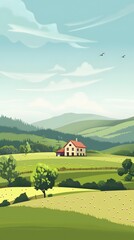 Green Meadow Farmhouse Illustration