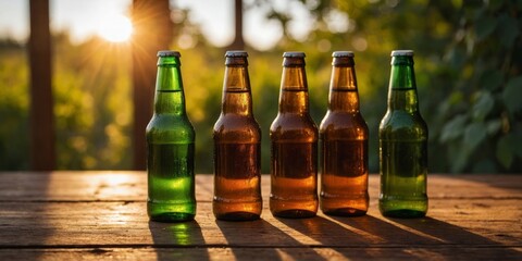 The warm, golden light beams through a row of beer bottles, casting a radiant glow over the hops on a wooden surface.