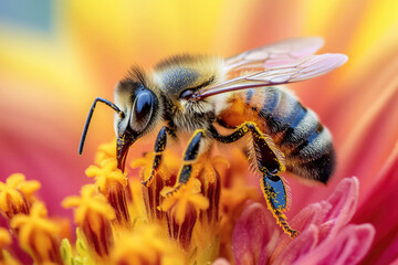 A bee gathering nectar from a flower.