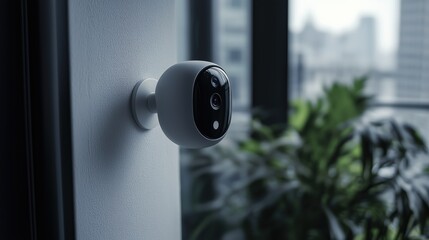 Naklejka premium Outdoor smart security camera mounted on the exterior of a house, remote viewing, motion detection, night vision for enhanced home security.