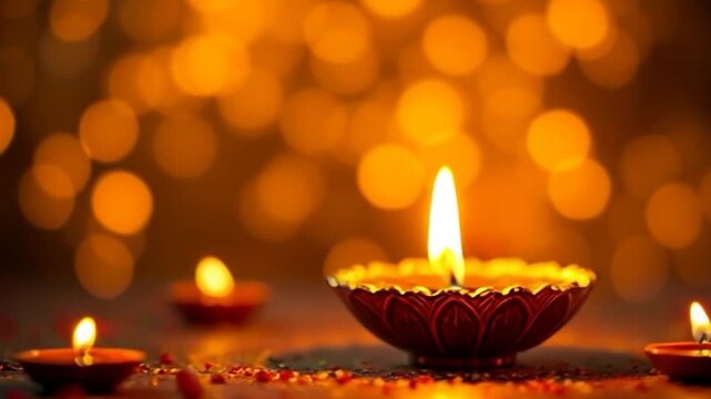 diwali diya lit candles burning hindu festival cultural celebration bokeh festive blurred background animation video