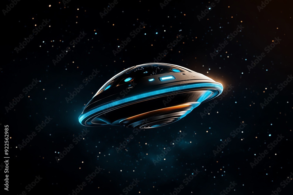 Poster Futuristic spaceship in deep space, illuminated with blue lights against a star-filled background showcasing advanced technology.