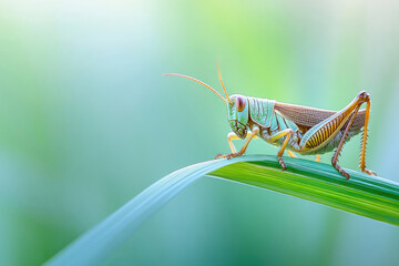 Fototapeta premium A grasshopper resting on a blade of grass.