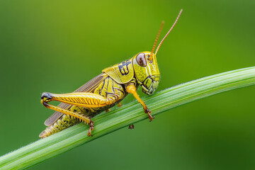 A grasshopper resting on a blade of grass.