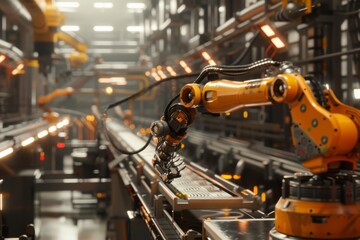 Fototapeta premium Robot arm on conveyor belt in factory
