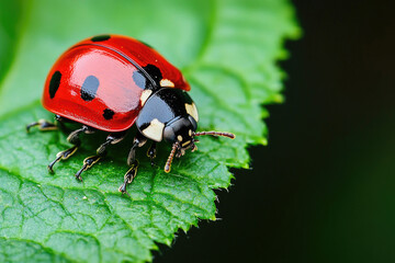 Fototapeta premium A ladybug sitting on a green leaf.