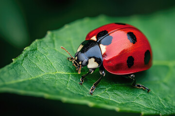 Fototapeta premium A ladybug sitting on a green leaf.