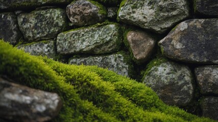 abstract bright green moss & old stone wall background.