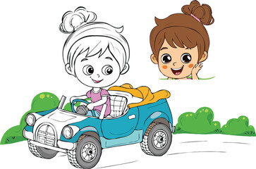 coloring page a simple drawing of baby boy driving vehicle, Coloring book