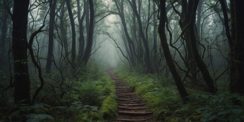 The ominous forest path is lined with twisted t bushes and tangled vines Every step forward feels like a step deeper into the unknown and potentially dangerous.