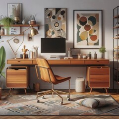 A mid-century modern home office with a teak wood desk, an ergonomic chair with clean lines, and vintage-inspired decor. Include a statement lamp and abstract art on the walls.