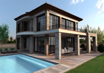 Modern Stone Villa with Pool and Patio Design