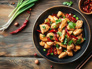 A Kung Pao Chicken. The most popular Chinese dishes. A spicy stir-fry dish made with chicken, peanuts, vegetables, and chili peppers, originating from Sichuan province.