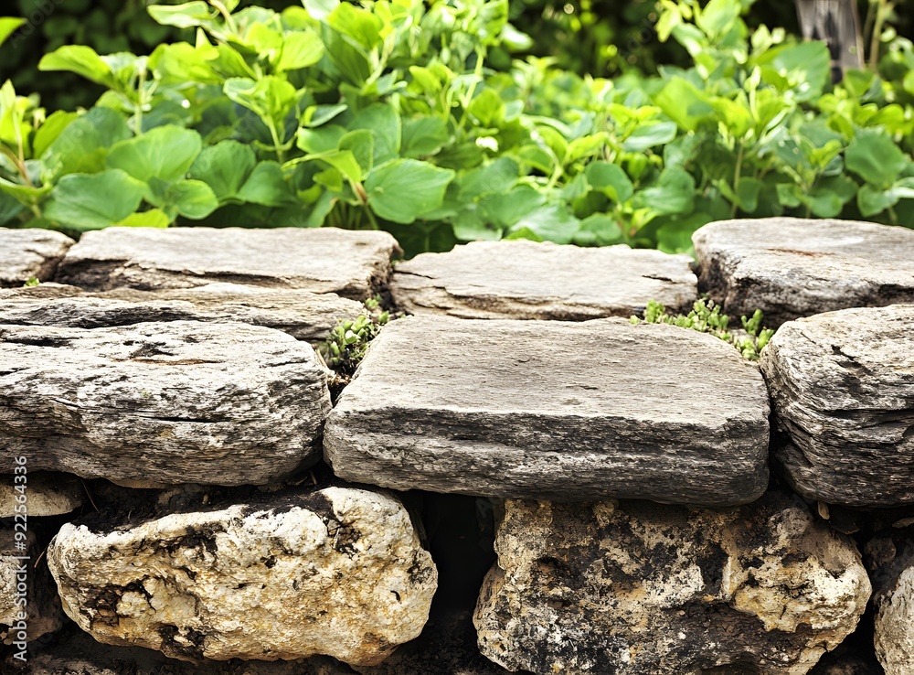 Canvas Prints Closeup of Stacked Stone Wall with Green Plants in the Background