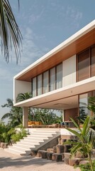 Fototapeta premium Modern Minimalist White House With Stone Steps And Palm Trees