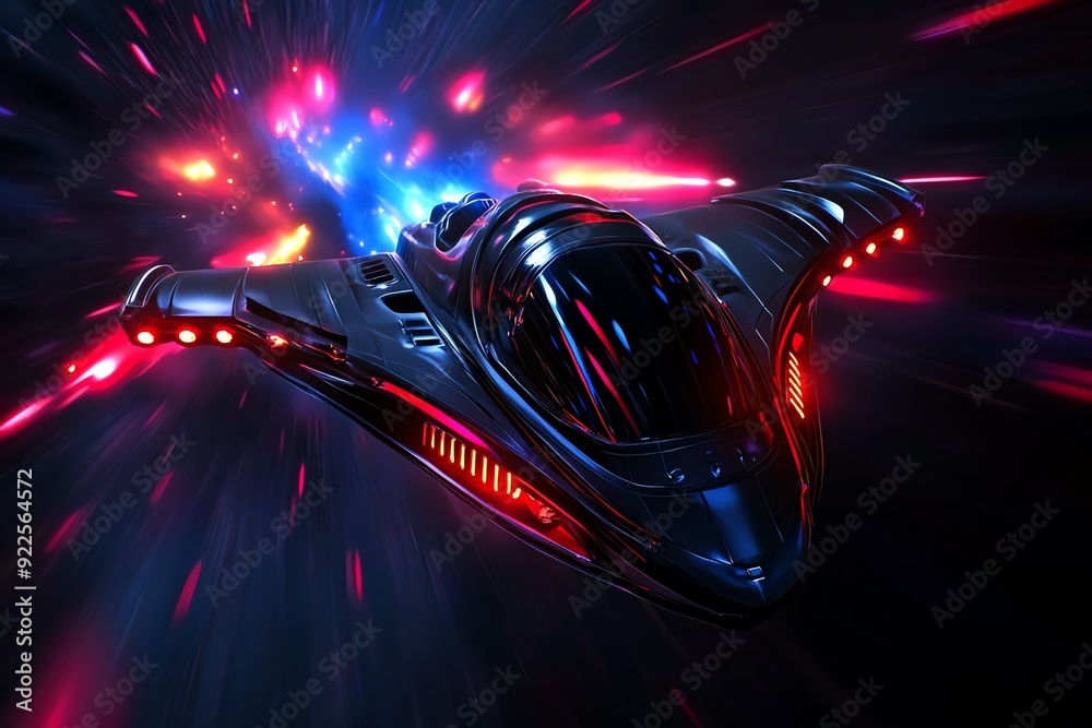 Poster Futuristic spaceship traveling through space at high speed with colorful light trails in the background.