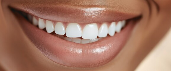 Obraz premium Close-up of a radiant African smile featuring pearly white teeth, healthy glowing skin, subtle pink lips, happiness and confidence, dental beauty clinic advertisement background