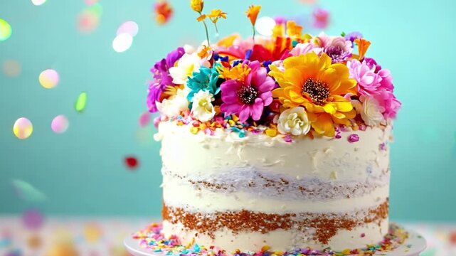 A beautifully decorated cake topped with vibrant flowers and sprinkles, set against a cheerful background during a festive celebration.