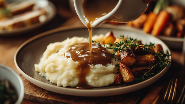 a hand pouring rich gravy over a plate of mashed potatoes, with roasted vegetables on the side