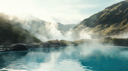 Fototapeta premium Scenic geothermal swimming pool with steam rising into the cool air, nestled in a valley.