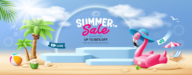 Summer sale, three blue podium, Pink flamingo inflatable, coconut trees, pile of sand, beach umbrella, beach chair and beach ball, banner design, on cloud and sky blue background