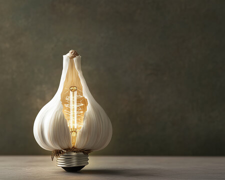 garlic bulb with lightbulb filament inside glowing like a light