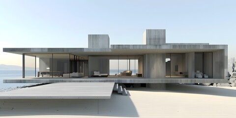 Modern Concrete House With Large Windows Overlooking The Sea