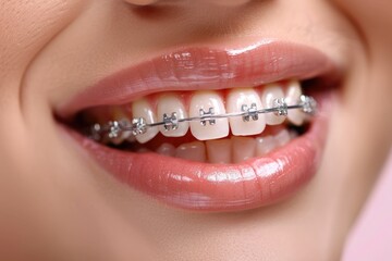 Obraz premium Orthodontic solution: brace, a dental device designed to align and straighten teeth, improve bite, and enhance oral health, offering both functional and aesthetic benefits through gradual adjustment