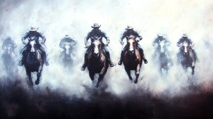 Cowboys riding horses through thick dust at sunset during a ranch round-up