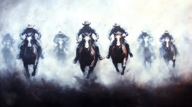 Cowboys riding horses through thick dust at sunset during a ranch round-up