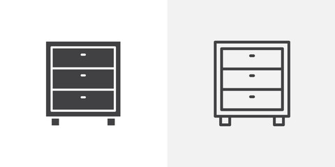 Chest of drawers vector icon set black filled and outlined style.