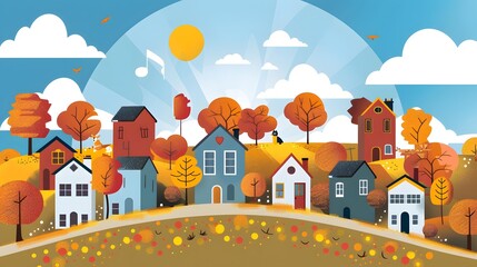 Fototapeta premium Autumn Village Landscape Illustration with Houses and Trees