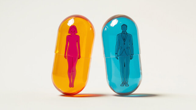 Man and Woman Inside Capsules on White Background, Gender, Medication, 